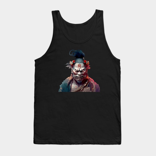 Wrath of a Samurai No. 2: Oni Transformation -- Perturbed Samurai with the word for "Idiot", "Stupid" in kanji (痴 [chī] ) on his forehead on a Dark Background Tank Top by Puff Sumo